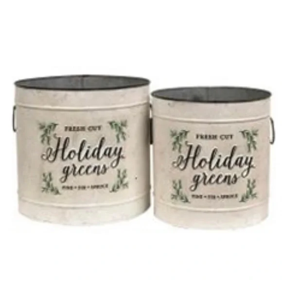 *Holiday Greens Distressed Metal Pails, Set of 2 - Picture 10 of 14